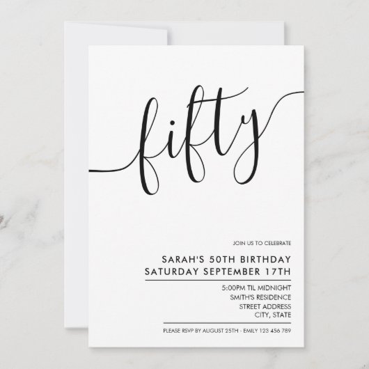 Invitation Script blanc minimaliste moderne 50e anniversaire (Devant)
