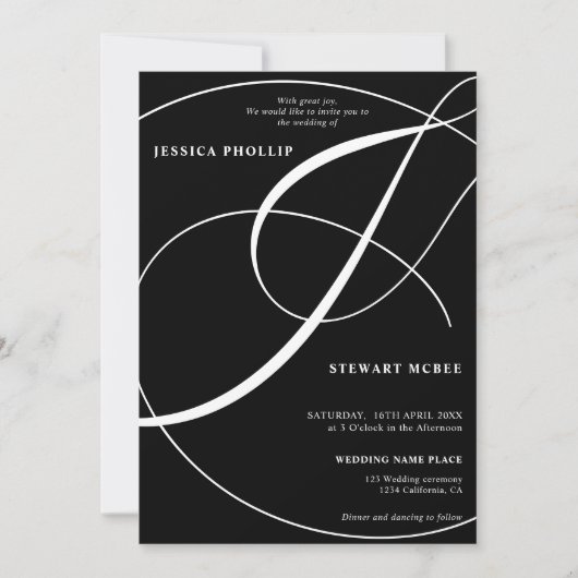 Invitation Script blanc noir tout en un mariage de calligraph (Devant)