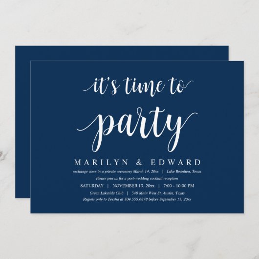 Invitation Script bleu marine moderne, Mariage Elopement Invi (Devant / Derrière)