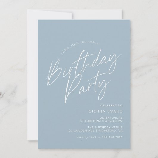 Invitation Script bleu poussiéreux | Moderne Simple Tout âge  (Devant)