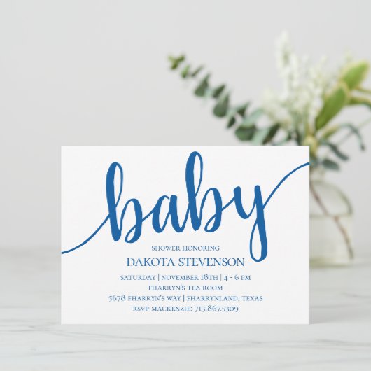 Invitation Script bleu simple | Baby shower fruité de Cérulea (Debout devant)