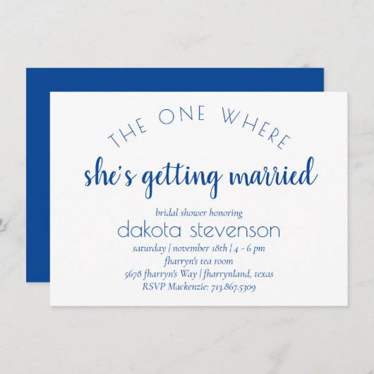 Invitation Script bleu simple | Une Où Elle Se Marie (Devant / Derrière)
