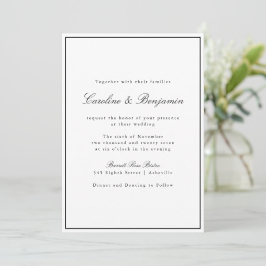 Invitation Script Bordure Classique Noir Blanc Élégant Mariag (Debout devant)