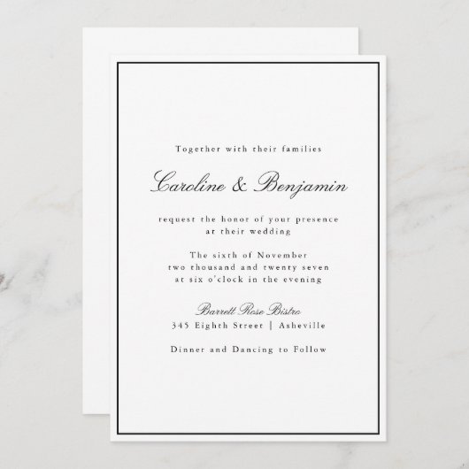 Invitation Script Bordure Classique Noir Blanc Élégant Mariag (Devant / Derrière)