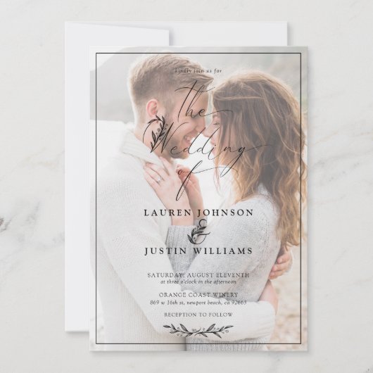 Invitation Script botanique blanc noir moderne Vellum 2 Photo (Devant)