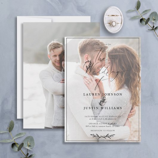 Invitation Script botanique blanc noir moderne Vellum 2 Photo