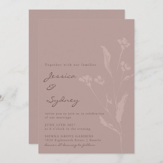 Invitation Script Botanique Chic Simple Mariage Dusty Mauve (Devant / Derrière)