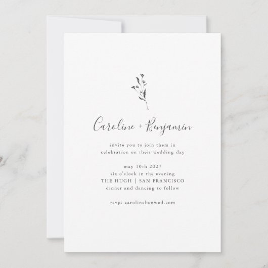 Invitation Script Botanique simple Mariage Boho noir blanc (Devant)