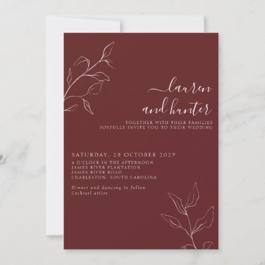 Invitation Script bourguignon moderne Mariage botanique Invit (Devant)