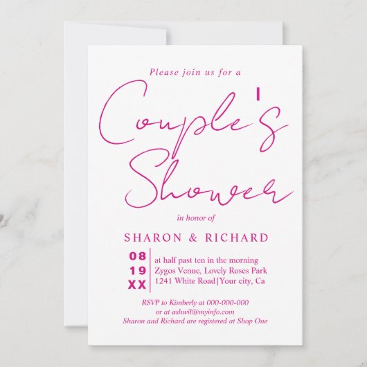 Invitation Script calligraphie magenta rose Couples douche (Devant)