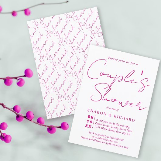 Invitation Script calligraphie magenta rose Couples douche