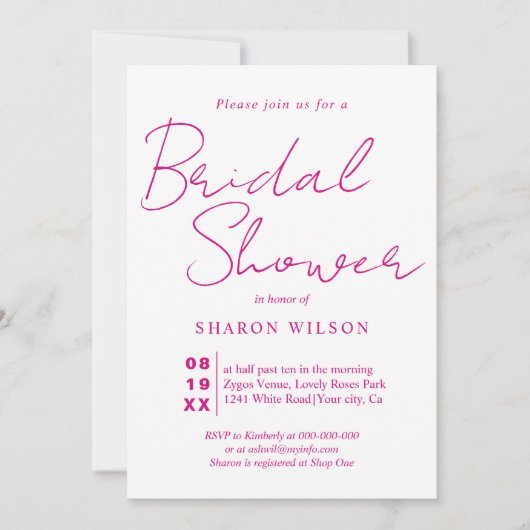 Invitation Script calligraphie magenta rose douche nuptiale (Devant)