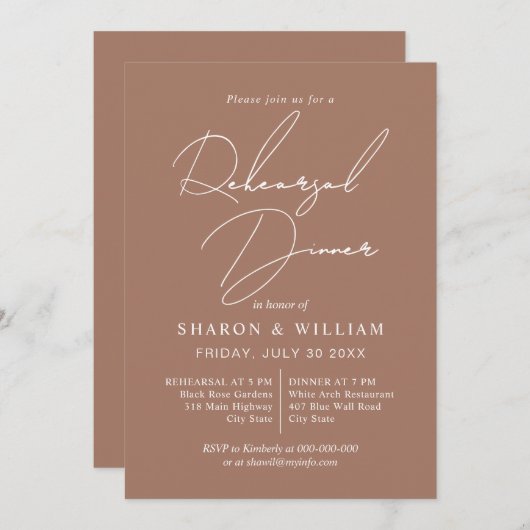 Invitation Script calligraphie mocha brun dîner de répétition (Devant / Derrière)