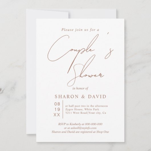 Invitation Script calligraphie mocha et douche de couple blan (Devant)
