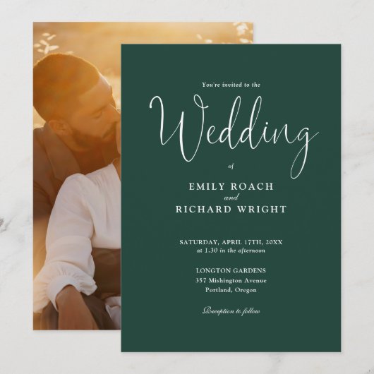 Invitation Script Calligraphie Photo Emerald Green Mariage (Devant / Derrière)