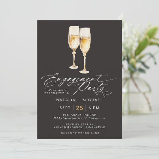 Invitation Script Champagne | Elegant Black Engagement Party (Debout devant)