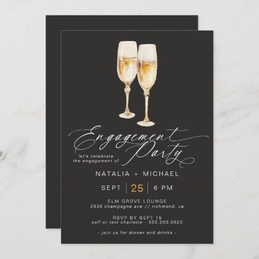 Invitation Script Champagne | Elegant Black Engagement Party (Devant / Derrière)