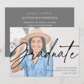 Invitation Script chic H Photo Graduation Party Gris (Devant / Derrière)