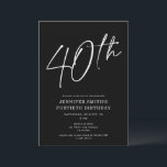 Invitation Script chic moderne Quarantième anniversaire 40e f<br><div class="desc">Cet invitation moderne de fête de 40 ans est doté d'un arrière - plan noir chic avec un script blanc et une typographie moderne. Le script dit "40ème". Toutes les couleurs (même le script année) sont entièrement et facilement personnalisables. Vous pouvez même ajouter une photo à l'arrière ! Il suffit...</div>