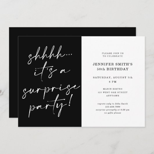 Invitation Script Chic Moderne Shhh Surprise Anniversaire Fêt (Devant / Derrière)
