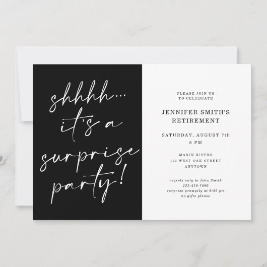 Invitation Script Chic Moderne Shhh Surprise Retraite Party (Devant)