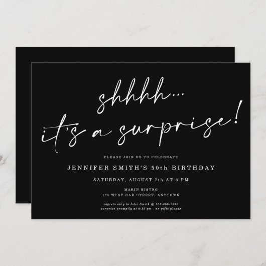 Invitation Script Chic Moderne Shhhh Surprise fête d'annivers (Devant / Derrière)