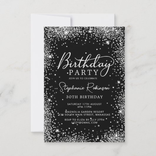 Invitation Script chic Parties scintillant argent noir 30e an (Devant)