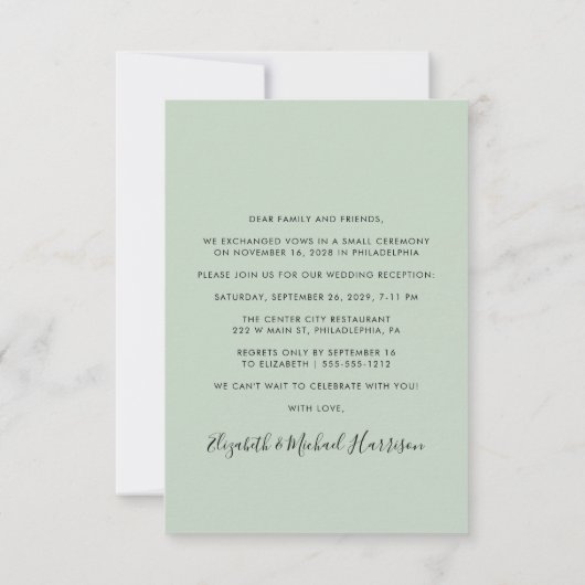 Invitation Script Chic Photo Sage Green Wedding Réception (Dos)
