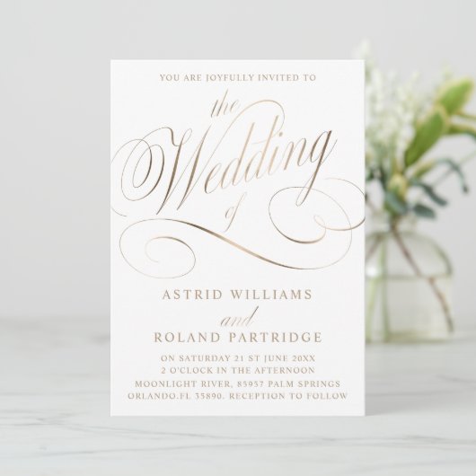 Invitation Script classique blanc & faux Mariage or (Debout devant)