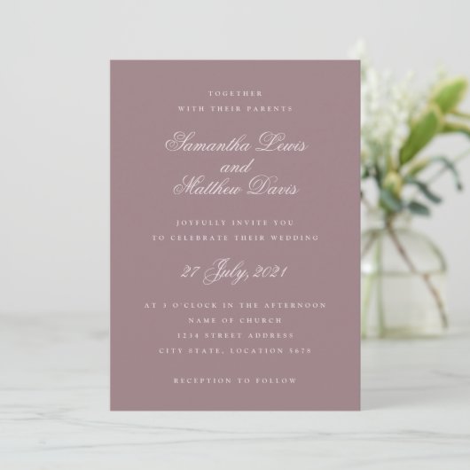 Invitation Script classique élégant violet mauve Mariage (Debout devant)