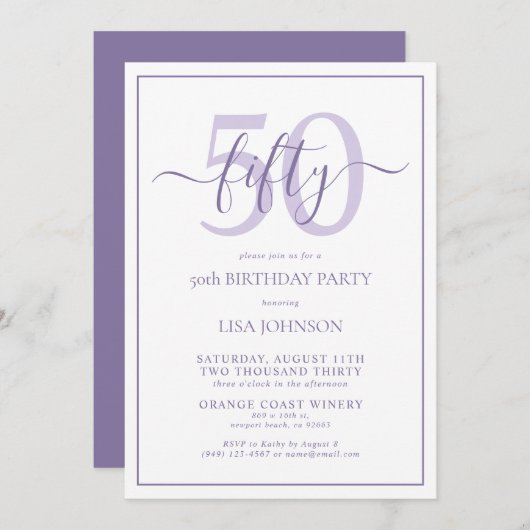 Invitation Script classique Lilac Lavender 50e anniversaire (Devant / Derrière)