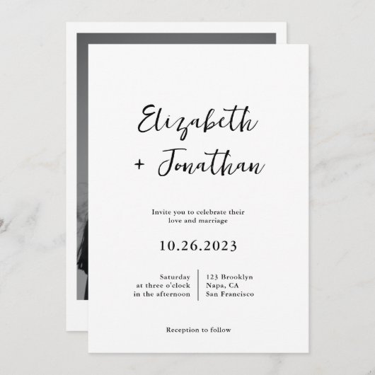 Invitation Script classique moderne Photo Mariage simple (Devant / Derrière)