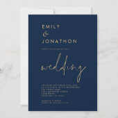 Invitation Script classique QR Code Marine Mariage or (Devant)