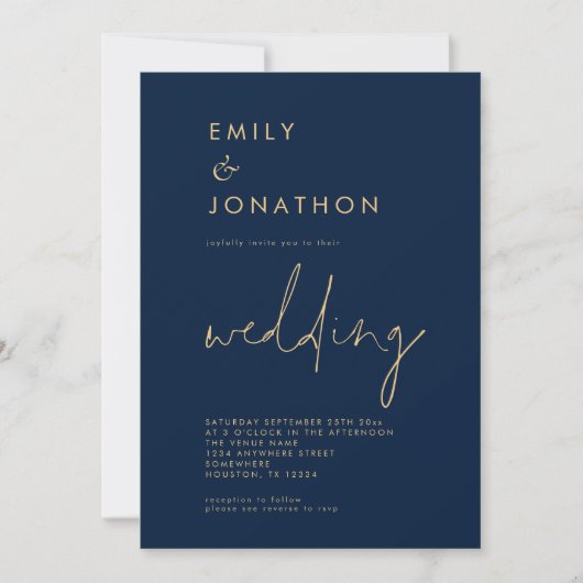 Invitation Script classique QR Code Marine Mariage or (Devant)
