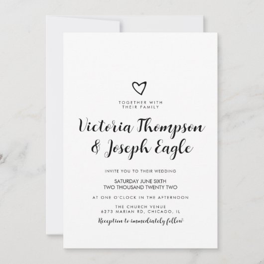 Invitation Script Coeur incliné noir blanc |Mariage moderne (Devant)
