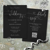 Invitation Script Coeur noir et blanc QR Code Mariage