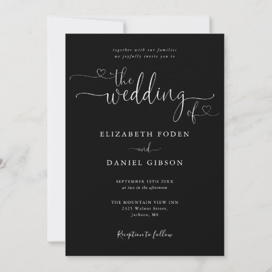 Invitation Script Coeur noir et blanc QR Code Mariage (Devant)