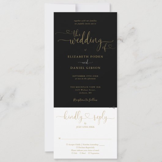 Invitation Script Coeur Noir Et Or Tout En Un Mariage (Devant)