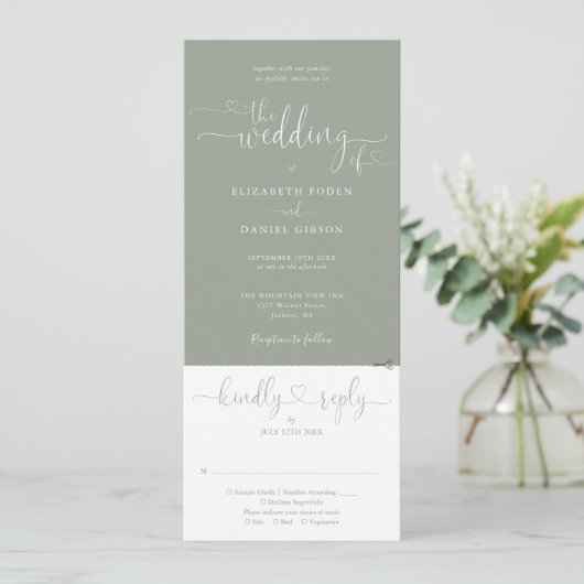 Invitation Script Coeur Sage Vert Tout en un Mariage (Debout devant)
