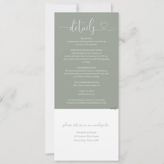 Invitation Script Coeur Sage Vert Tout en un Mariage (Dos)