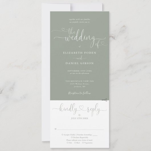 Invitation Script Coeur Sage Vert Tout en un Mariage (Devant)