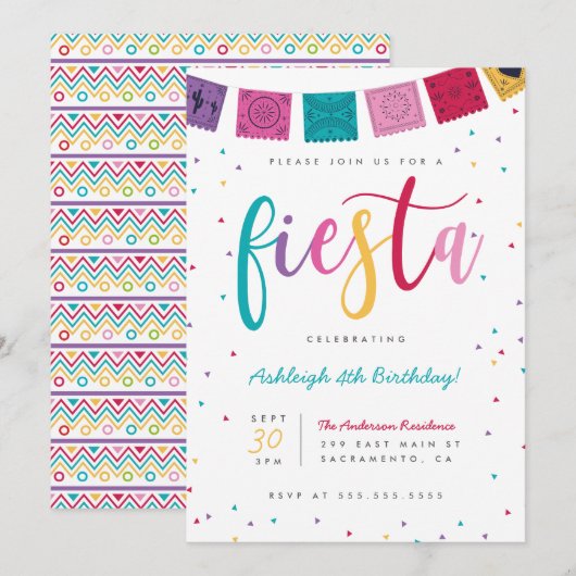 Invitation Script coloré mexicain Fiesta Anniversaire des enf (Devant / Derrière)