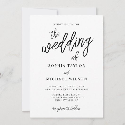 Invitation Script contemporain élégant Mariage noir blanc (Devant)