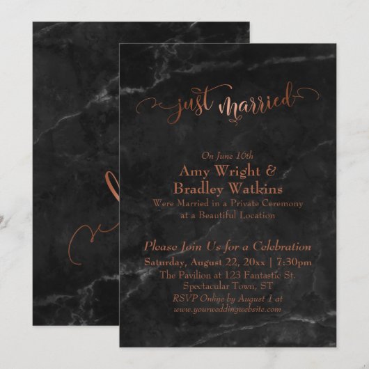 Invitation Script Copper Just Married sur Marbre Noir (Devant / Derrière)