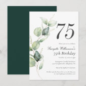Invitation Script d'anniversaire 75 ans à aquarelle verdure (Devant / Derrière)