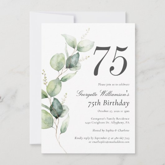 Invitation Script d'anniversaire 75 ans à aquarelle verdure (Devant)