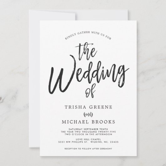 Invitation Script dansant noir stylisé sur Mariage blanc (Devant)