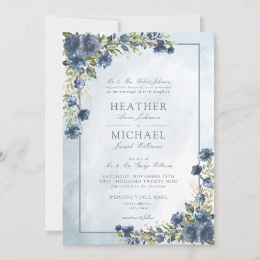 Invitation Script d'aquarelle classique bleu bleu bleu or (Devant)