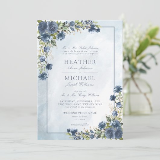 Invitation Script d'aquarelle classique bleu bleu bleu or (Debout devant)