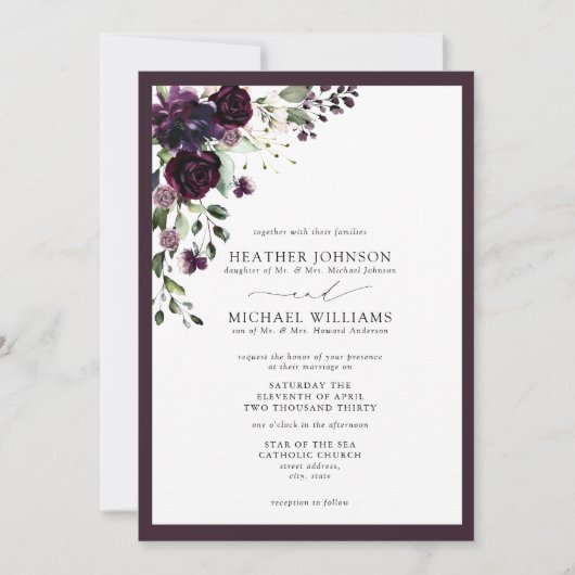 Invitation Script d'aquarelle de fleurs violettes de prune (Devant)